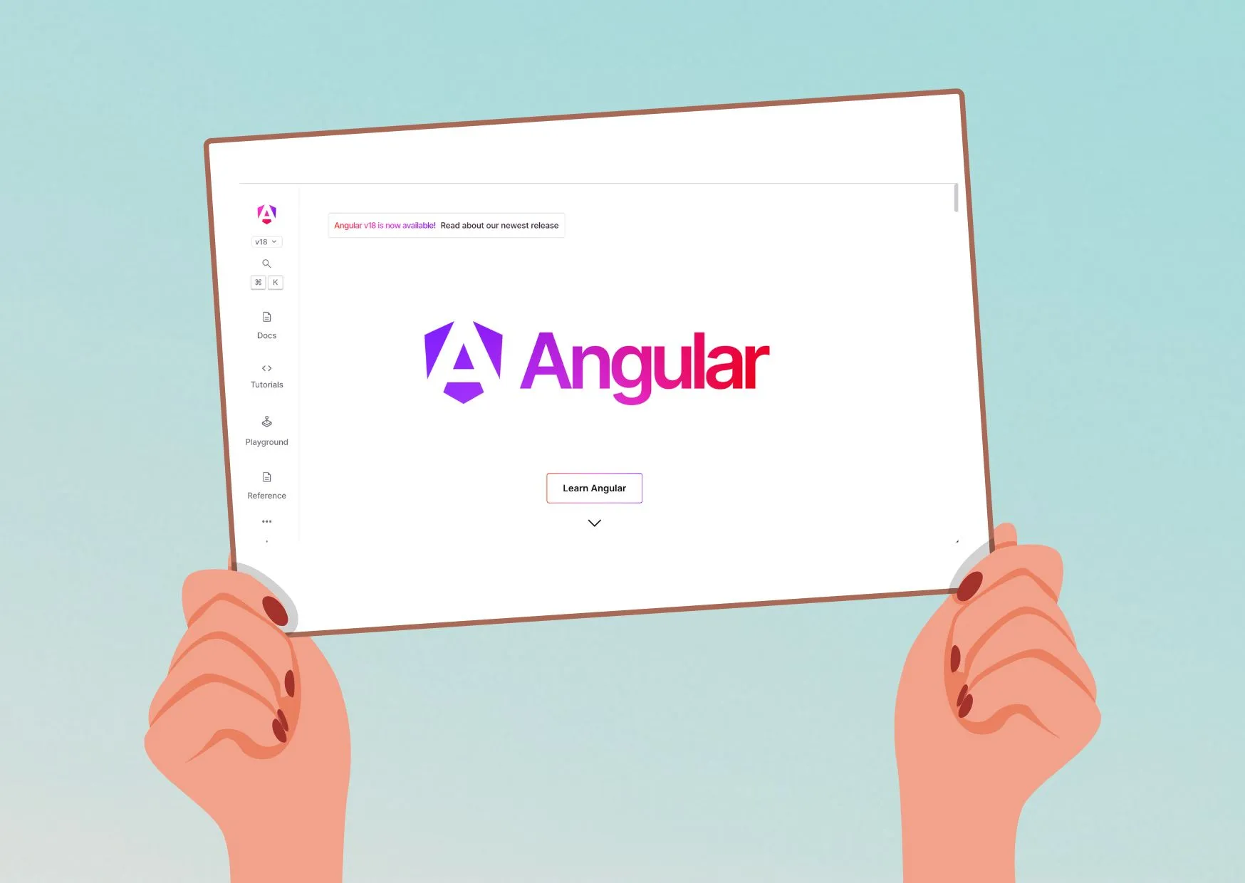 Illustration von Händen, die ein leeres Plakat halten mit dem AngularDev-Logo