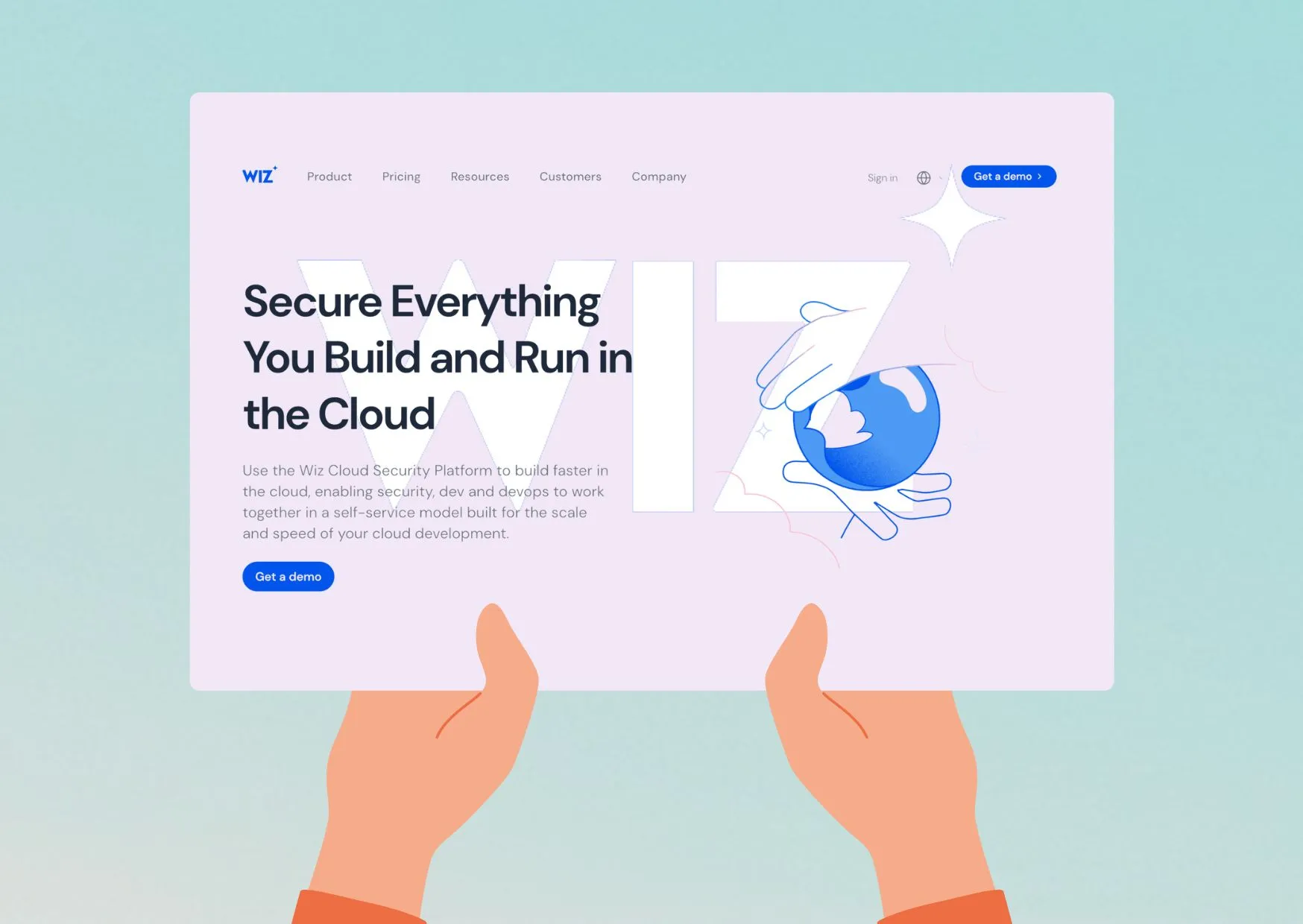 Illustration von Händen, die ein leeres Plakat halten mit dem Wiz-Logo